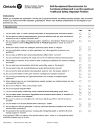 Form 0287E Self-assessment Questionnaire for Candidates Interested in an Occupational Health and Safety Inspector Position - Ontario, Canada