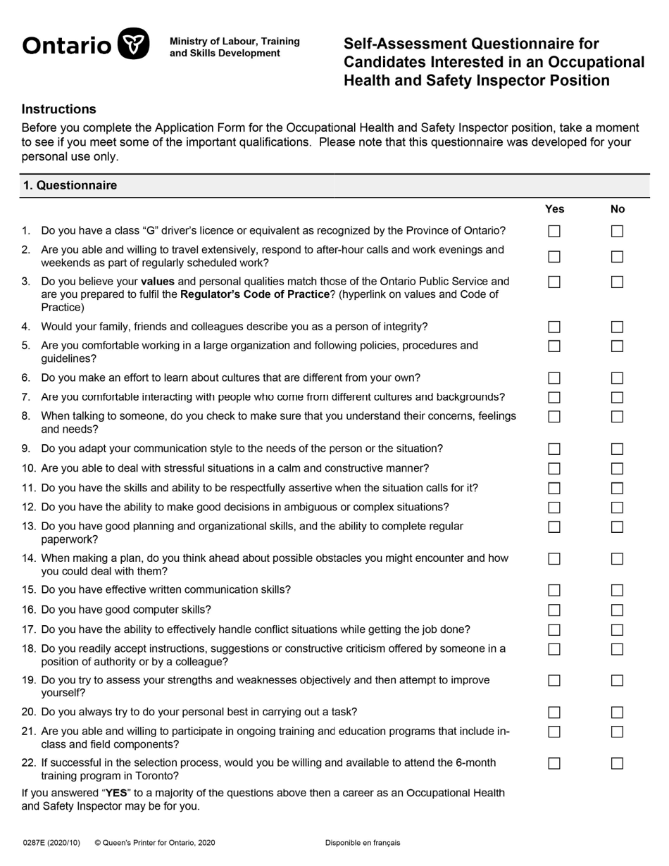Form 0287E Self-assessment Questionnaire for Candidates Interested in an Occupational Health and Safety Inspector Position - Ontario, Canada, Page 1