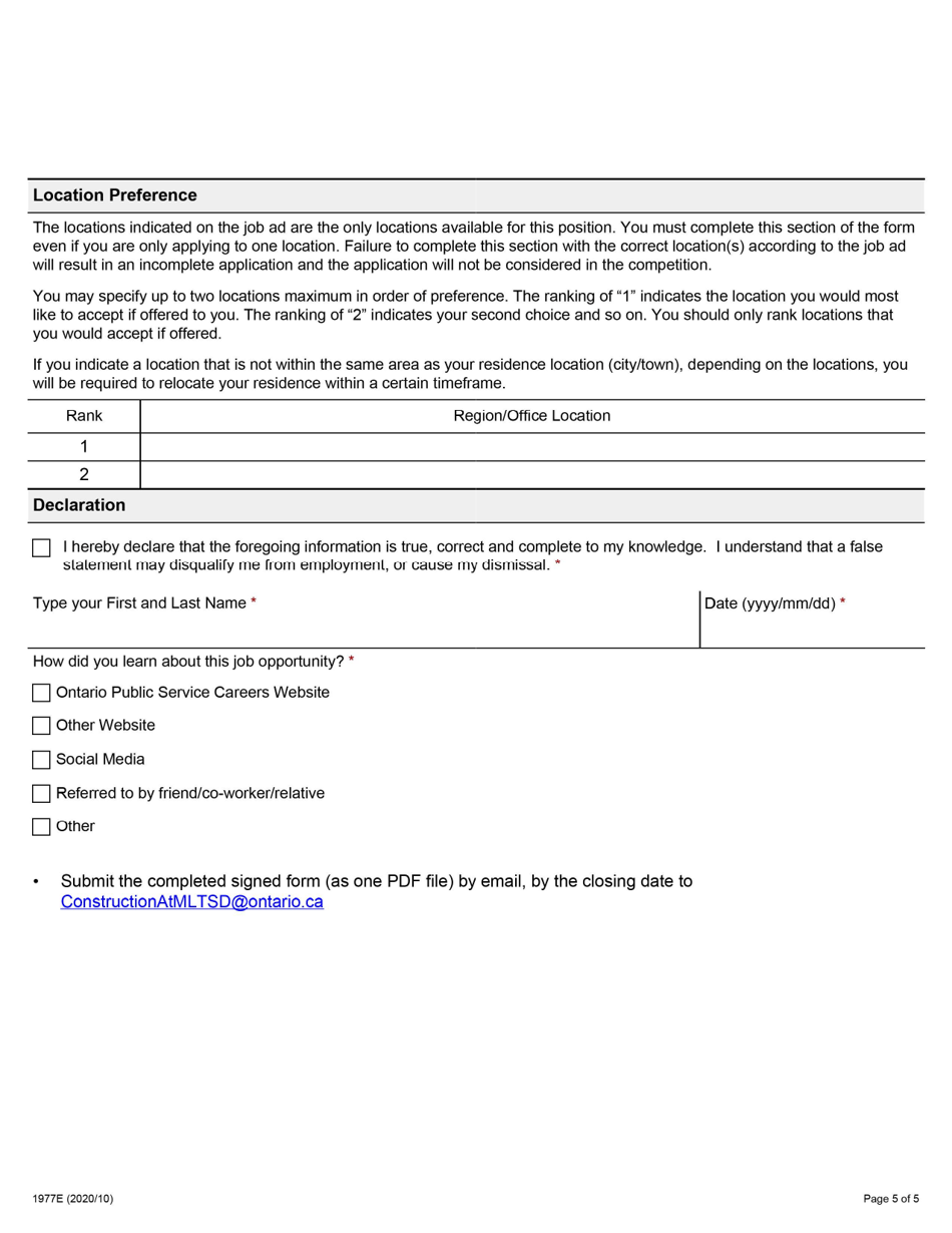 Form 1977E Application for Employment Occupational Health and Safety Inspector - Construction - Ontario, Canada, Page 5