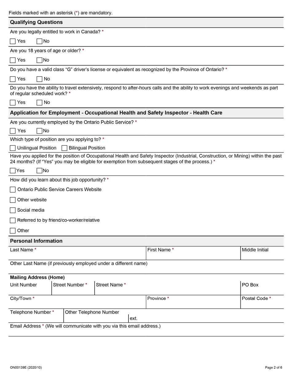 Form ON00139E Application for Employment Occupational Health and Safety Inspector - Health Care - Ontario, Canada, Page 2