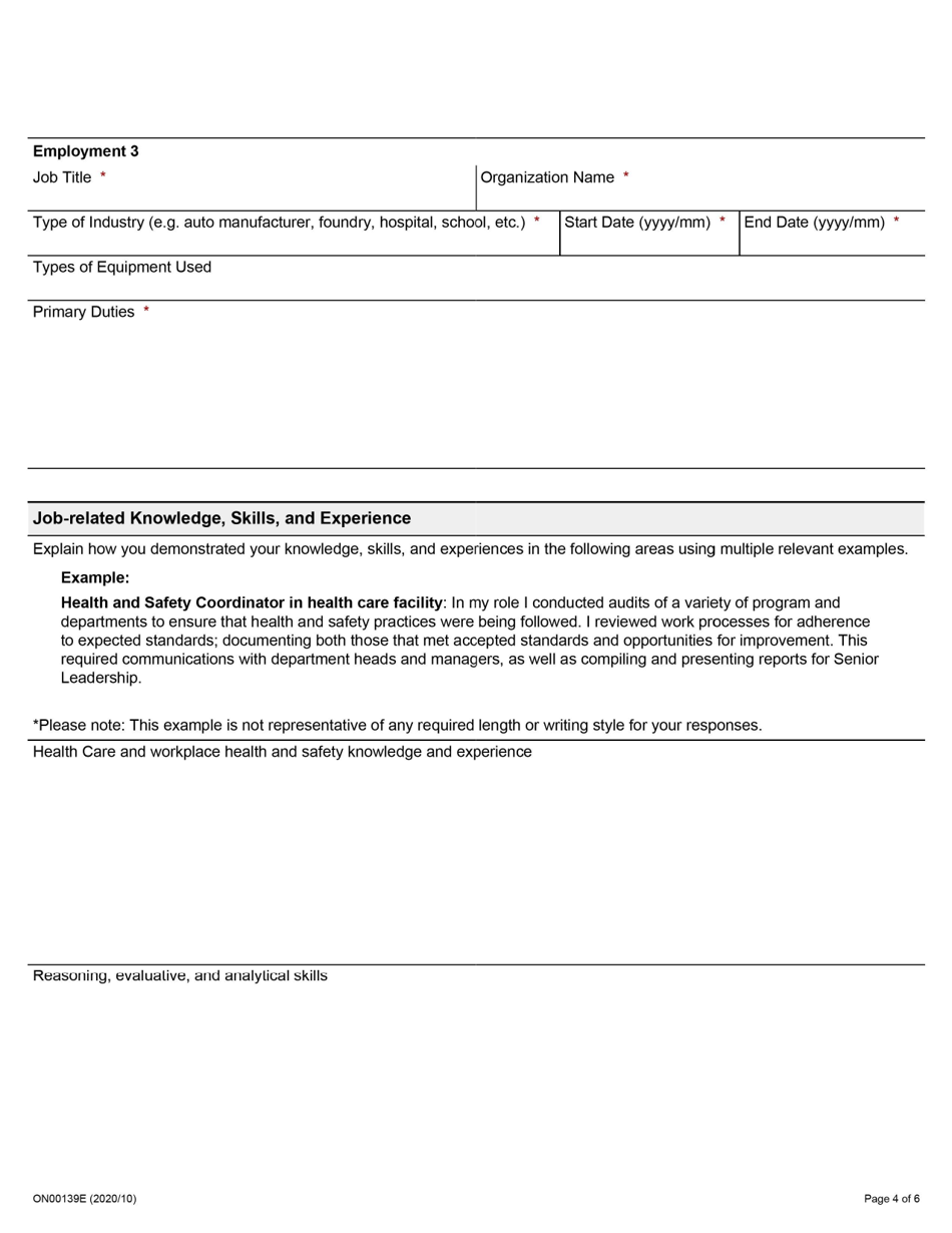 Form ON00139E Application for Employment Occupational Health and Safety Inspector - Health Care - Ontario, Canada, Page 4