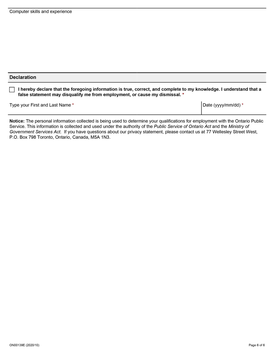 Form ON00139E Application for Employment Occupational Health and Safety Inspector - Health Care - Ontario, Canada, Page 6