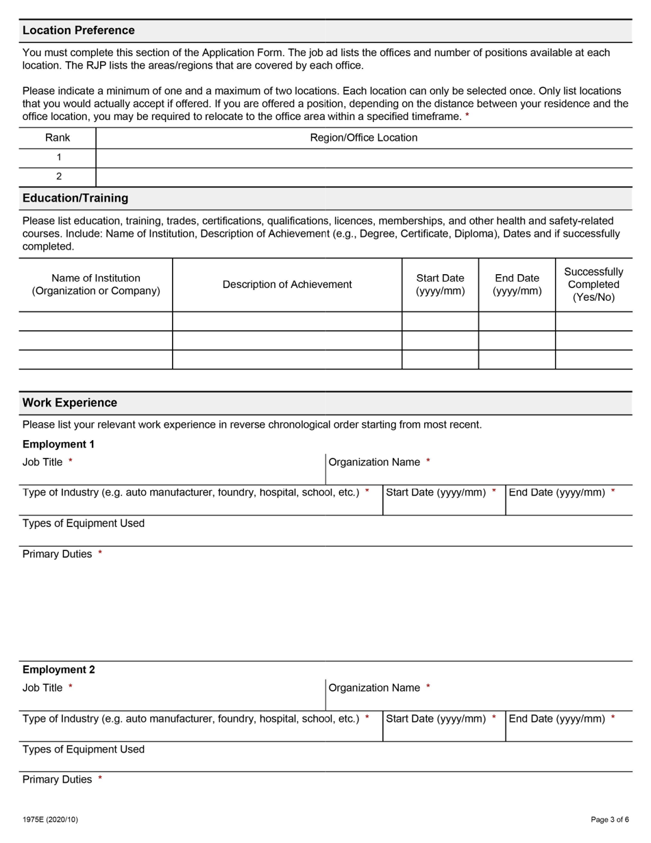 Form 1975E Application for Employment Occupational Health and Safety Inspector - Industrial - Ontario, Canada, Page 3