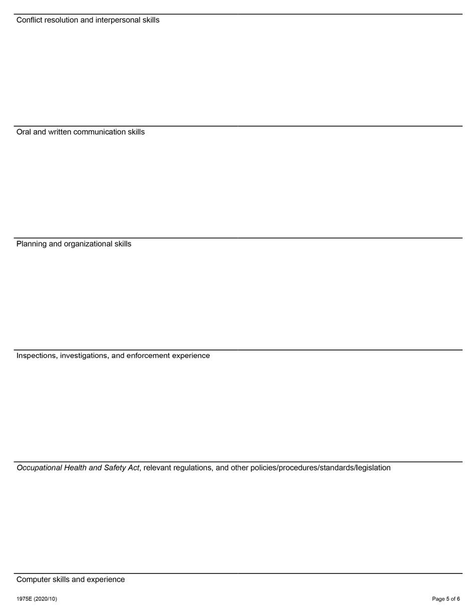 Form 1975E Application for Employment Occupational Health and Safety Inspector - Industrial - Ontario, Canada, Page 5