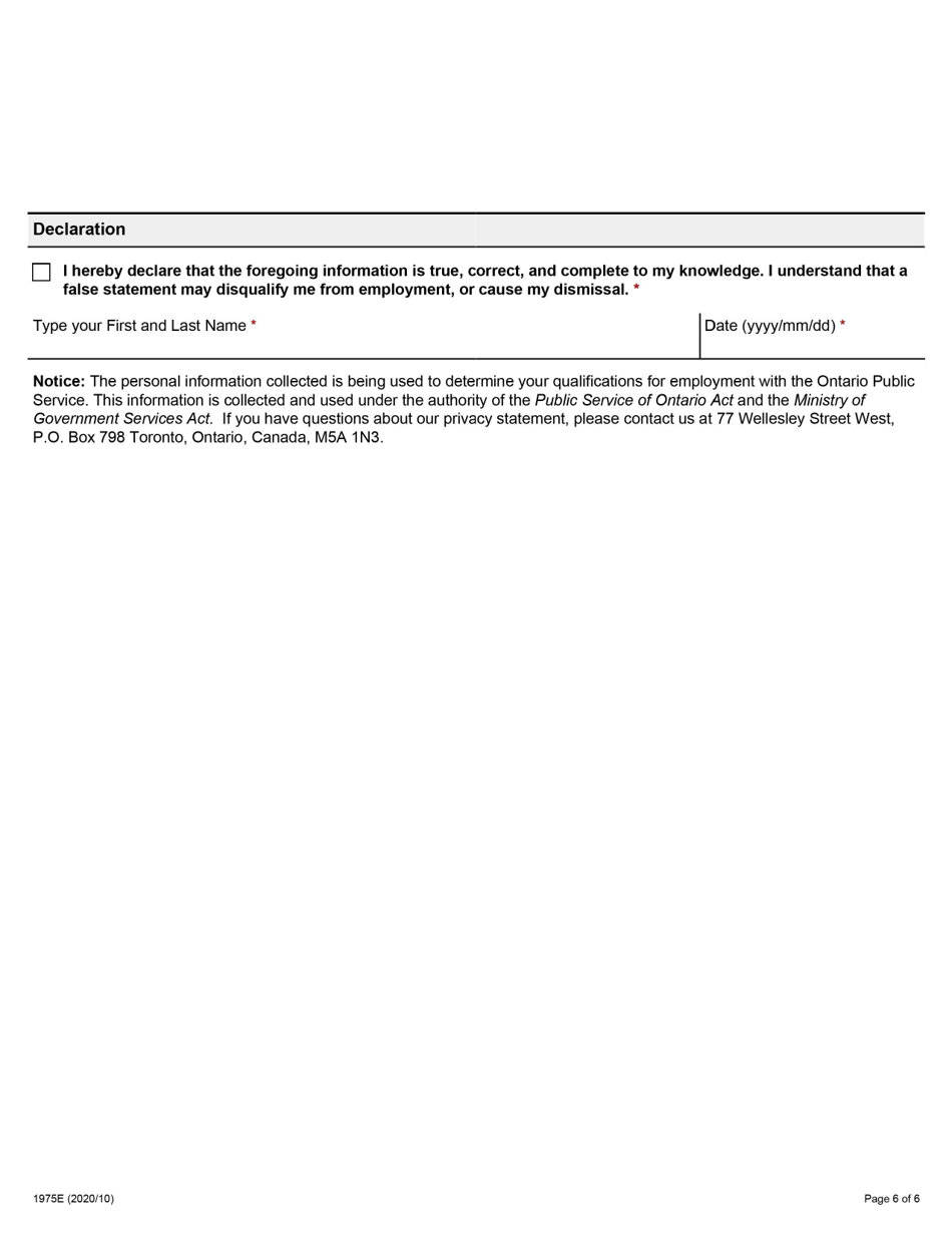 Form 1975E Application for Employment Occupational Health and Safety Inspector - Industrial - Ontario, Canada, Page 6