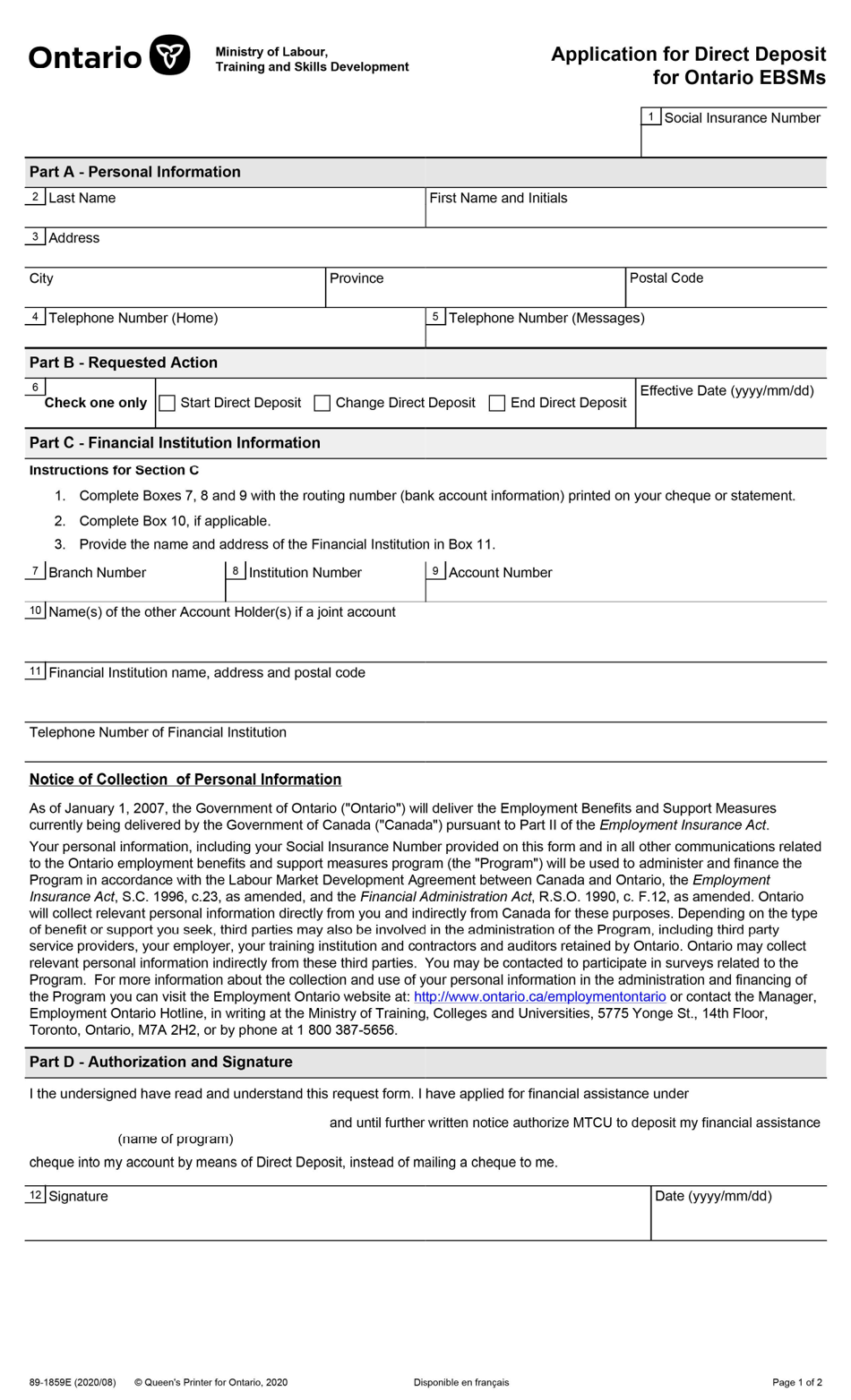 Form 89-1859E Application for Direct Deposit for Ontario Ebsms - Ontario, Canada, Page 1