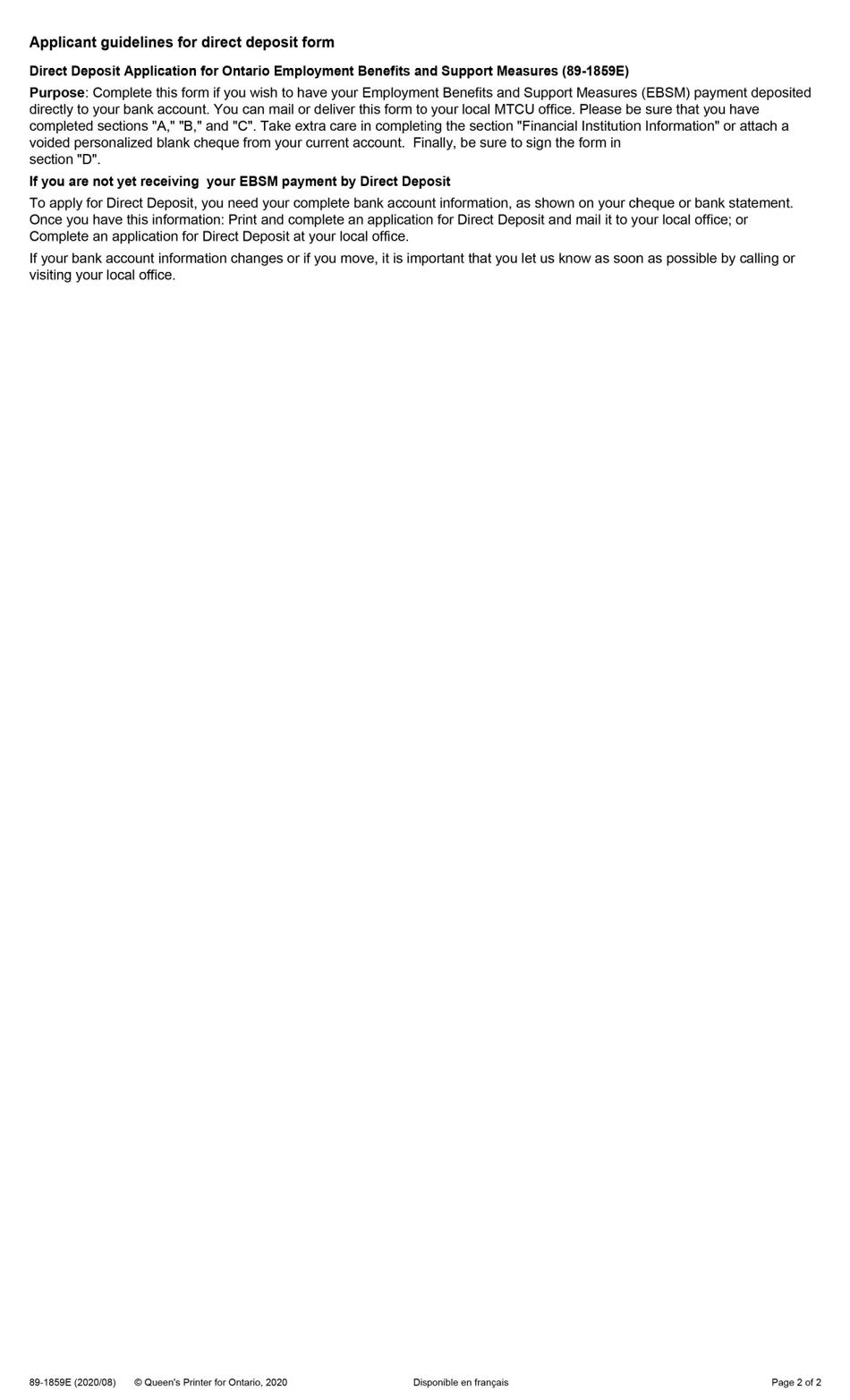 Form 89-1859E Application for Direct Deposit for Ontario Ebsms - Ontario, Canada, Page 2