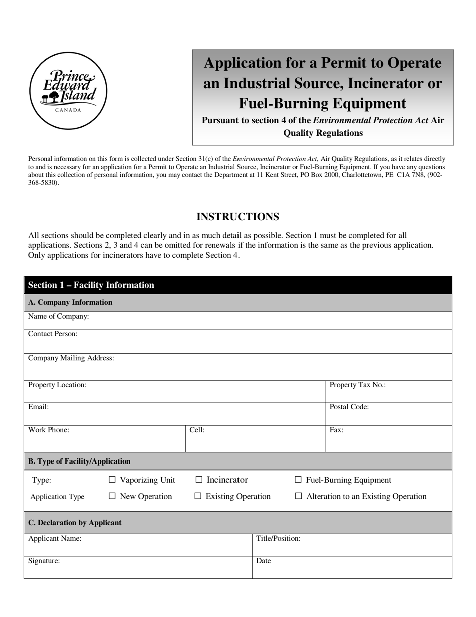 Application for a Permit to Operate an Industrial Source, Incinerator or Fuel-Burning Equipment - Prince Edward Island, Canada, Page 1