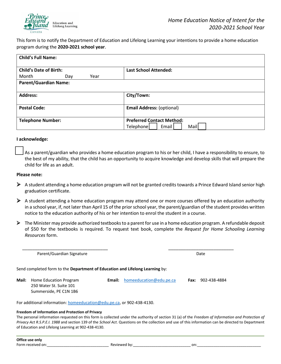Home Education Notice of Intent - Prince Edward Island, Canada, Page 1