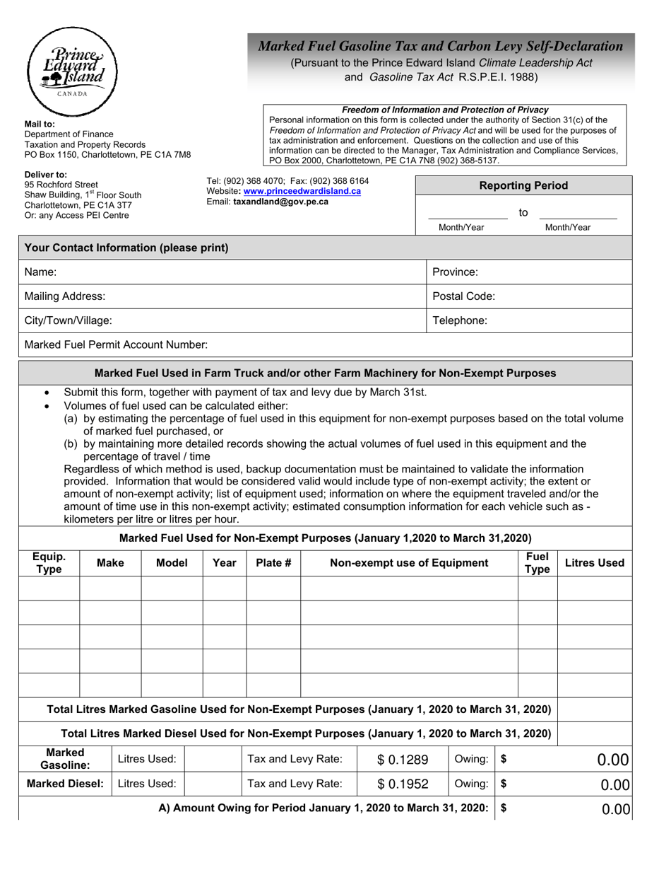 Marked Fuel Gasoline Tax and Carbon Levy Self-declaration - Prince Edward Island, Canada, Page 1