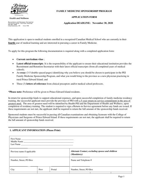 Family Medicine Sponsorship Program Application Form - Prince Edward Island, Canada Download Pdf