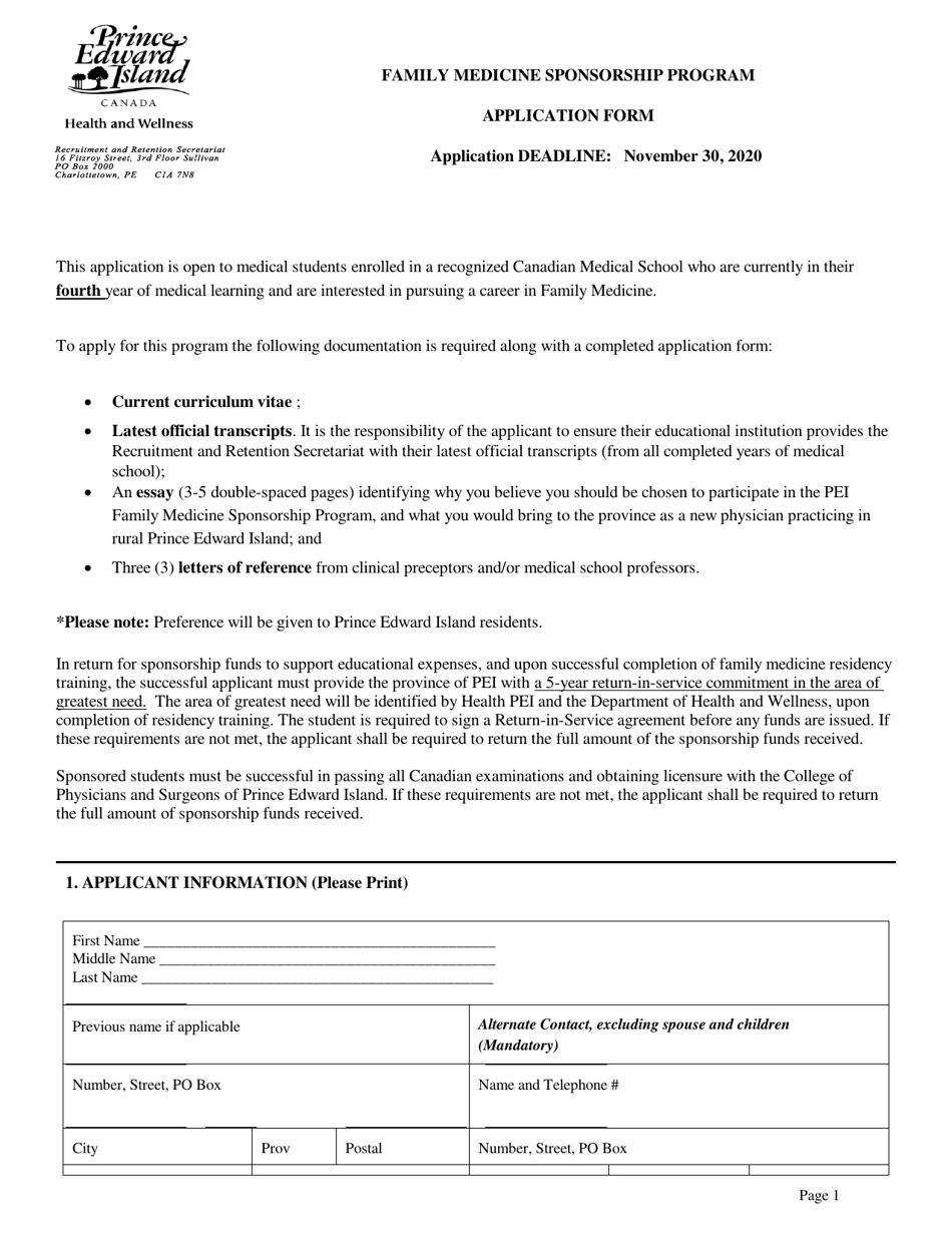 Family Medicine Sponsorship Program Application Form - Prince Edward Island, Canada, Page 1