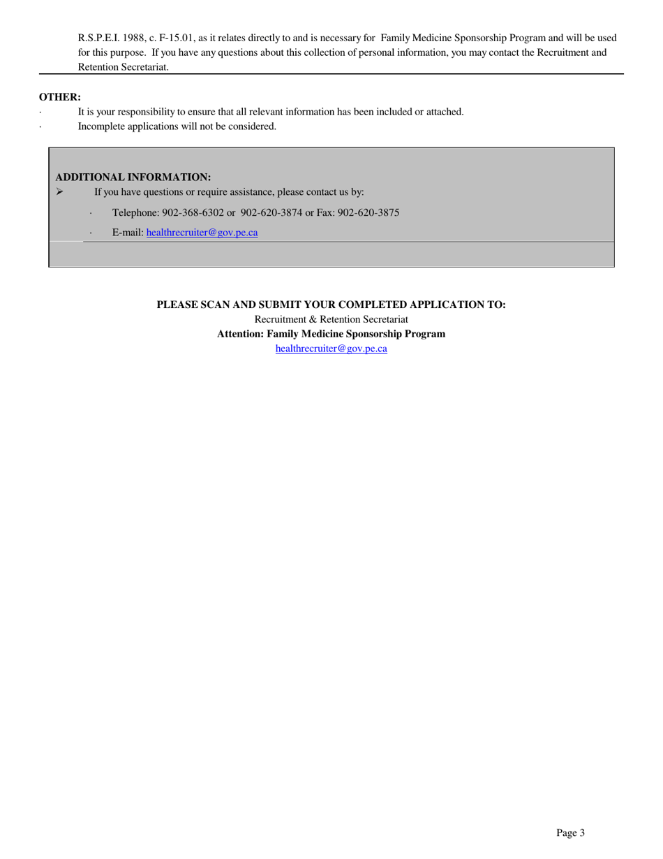 Family Medicine Sponsorship Program Application Form - Prince Edward Island, Canada, Page 3