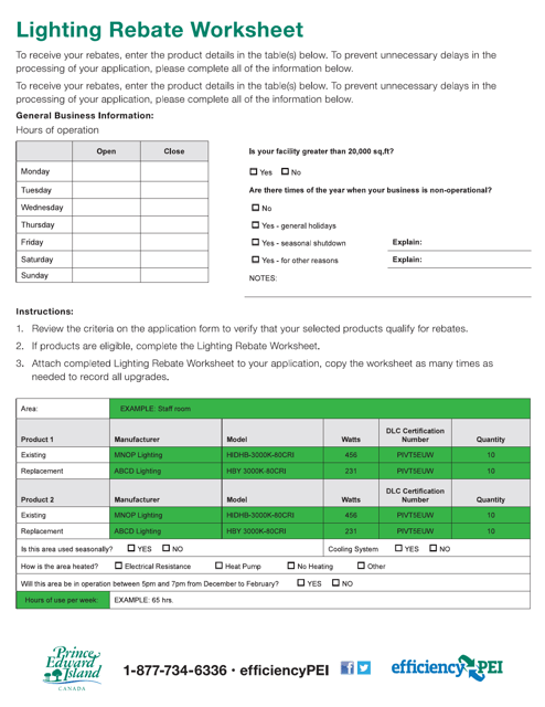 Form 18EG15-49537 Lighting Rebate Worksheet - Prince Edward Island, Canada