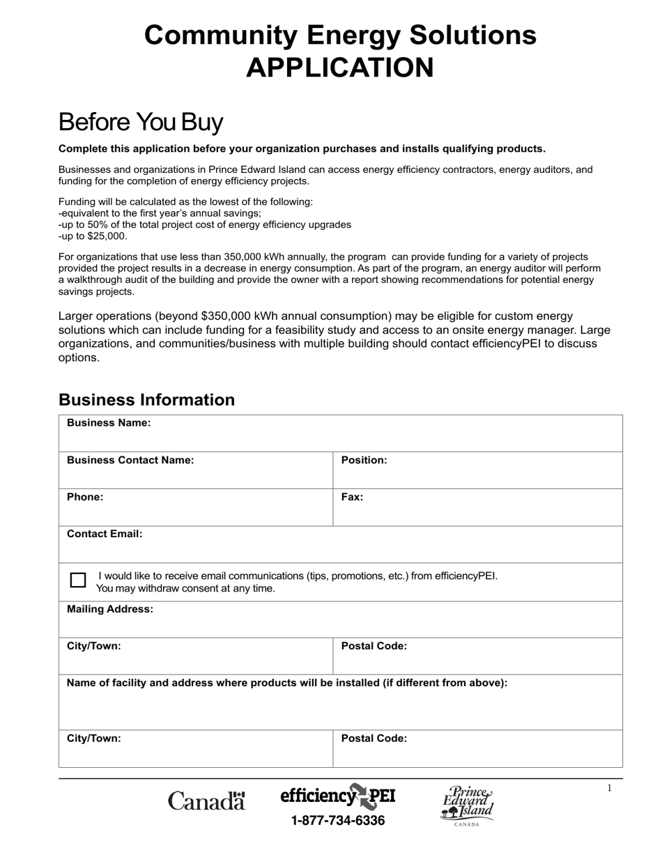 Form DPC-985 Community Energy Solutions Application - Prince Edward Island, Canada, Page 1