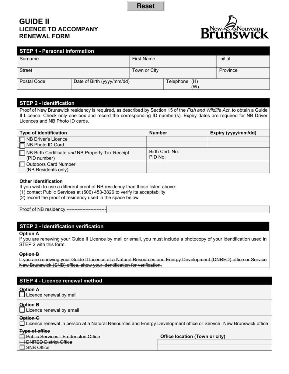 Guide II License to Accompany Renewal Form - New Brunswick, Canada, Page 1