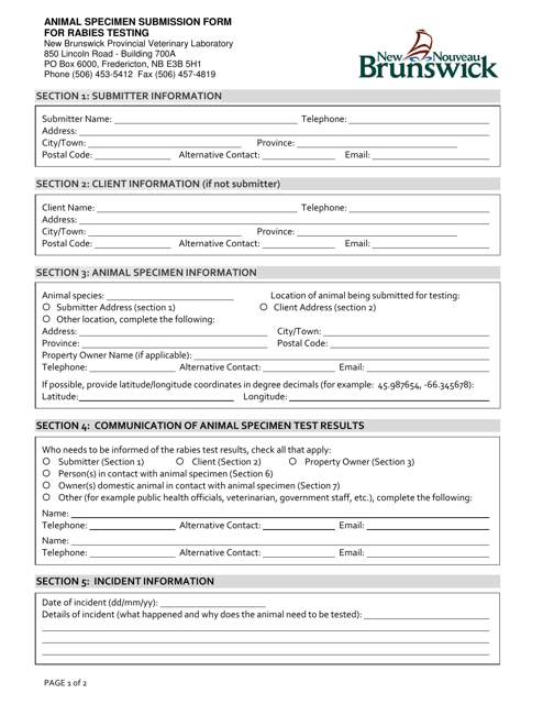 Animal Specimen Submission Form for Rabies Testing - New Brunswick, Canada Download Pdf