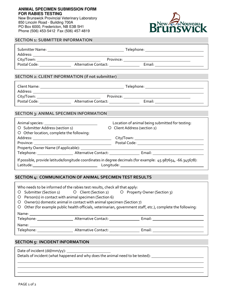 Animal Specimen Submission Form for Rabies Testing - New Brunswick, Canada, Page 1