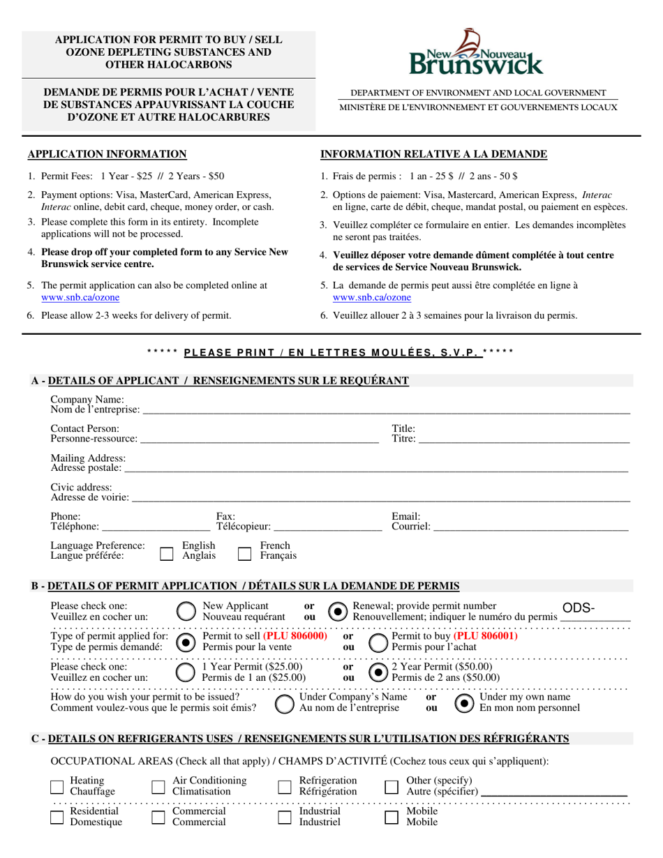 New Brunswick Canada Application For Permit To Buy Sell Ozone Depleting Substances And Other Halocarbons Download Fillable Pdf Templateroller