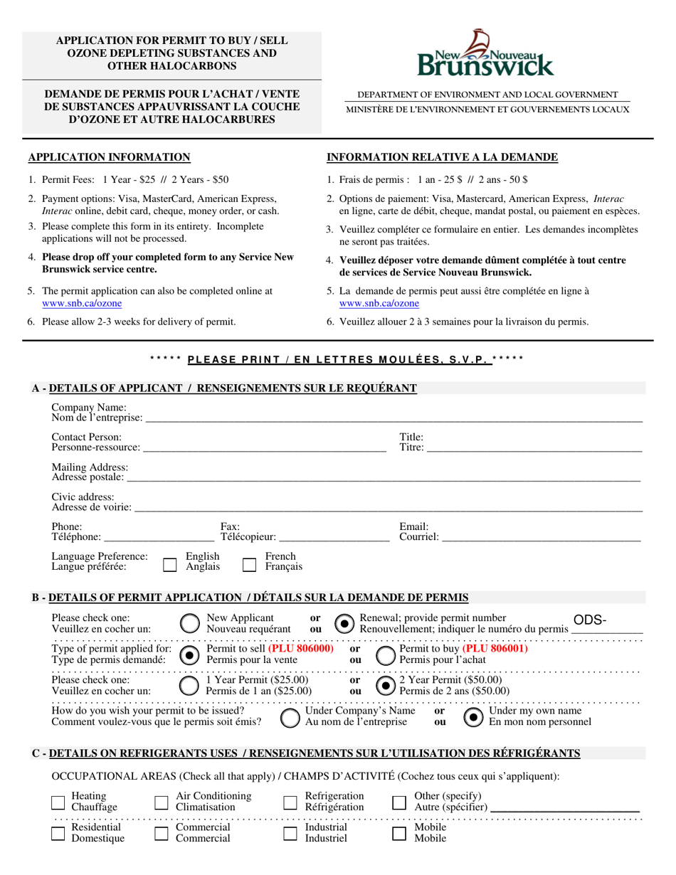 Application for Permit to Buy / Sell Ozone Depleting Substances and Other Halocarbons - New Brunswick, Canada (English / French), Page 1