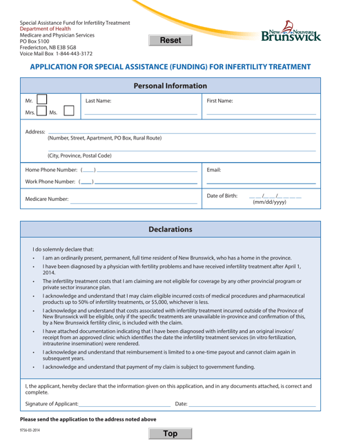 Form 9756 Application for Special Assistance (Funding) for Infertility Treatment - New Brunswick, Canada