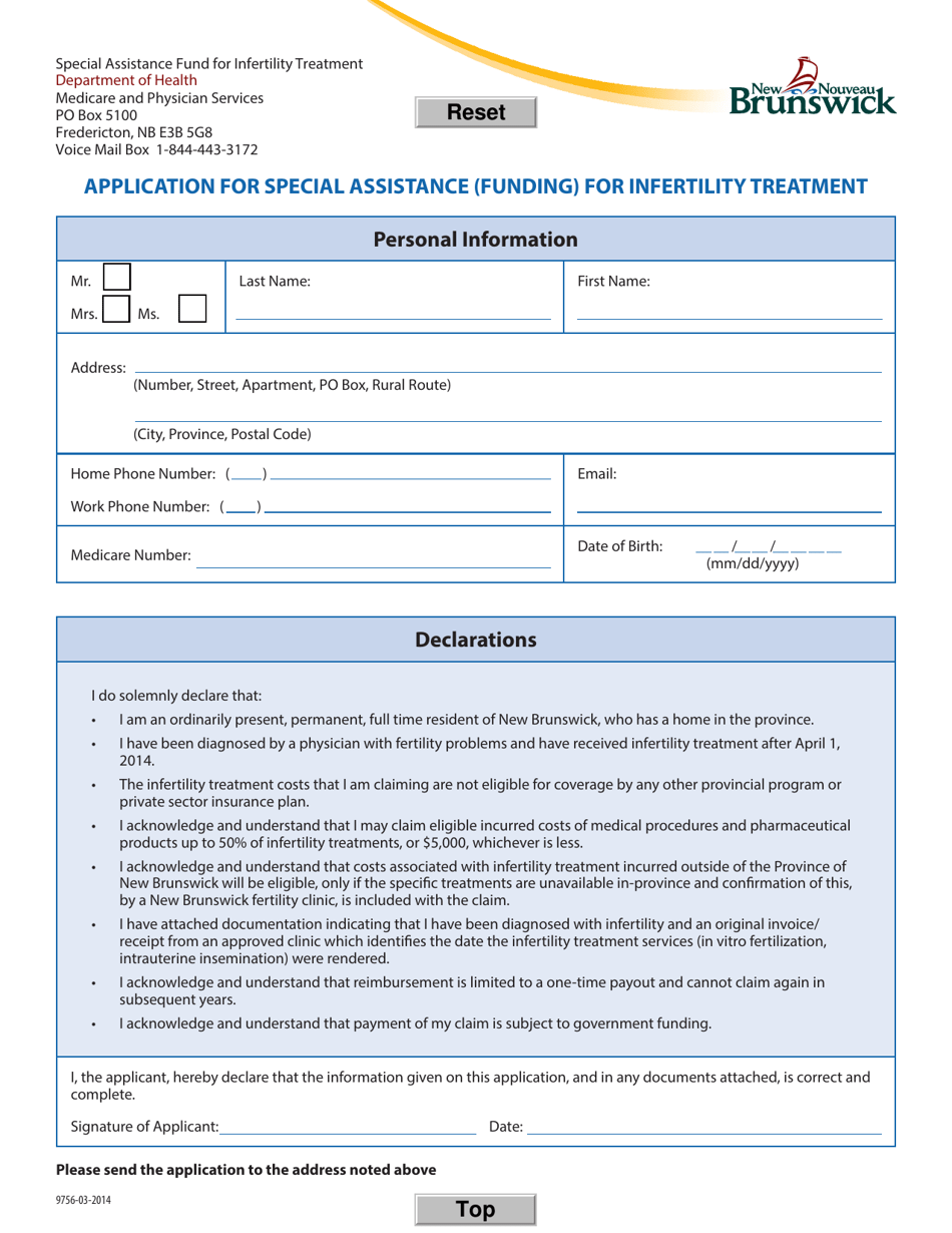 Form 9756 Application for Special Assistance (Funding) for Infertility Treatment - New Brunswick, Canada, Page 1