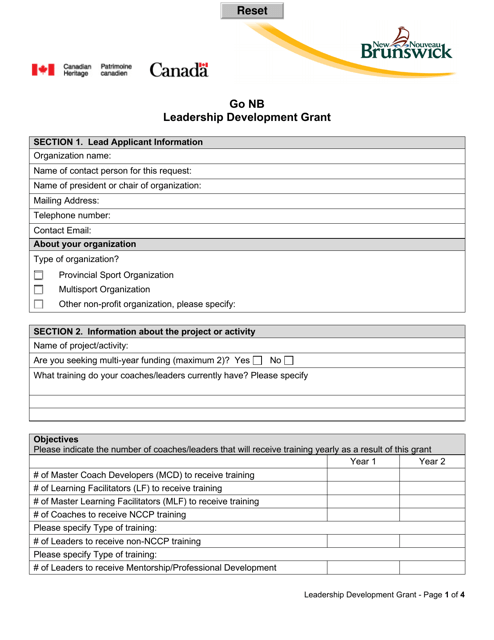 Go Nb Leadership Development Grant Application Form - New Brunswick, Canada