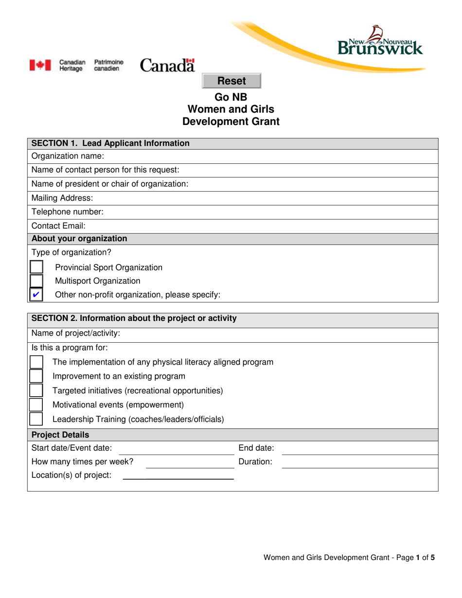 Go Nb Women and Girls Development Grant Application Form - New Brunswick, Canada, Page 1