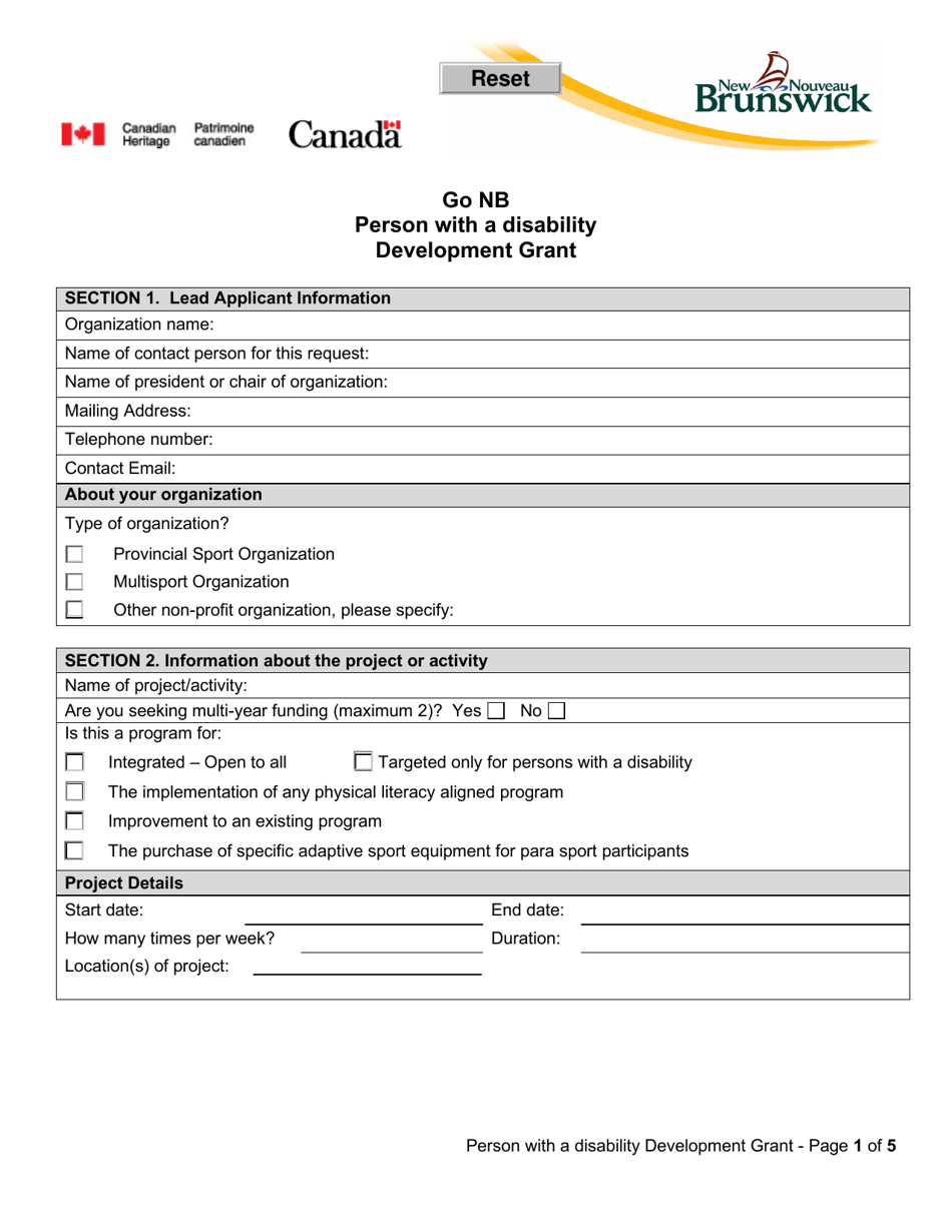 Go Nb Person With a Disability Development Grant Application Form - New Brunswick, Canada, Page 1