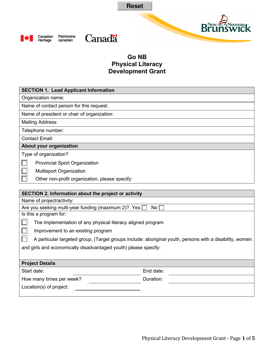 Go Nb Physical Literacy Development Grant Application Form - New Brunswick, Canada, Page 1