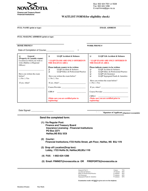 Waitlist Form (For Eligibility Check) - Nova Scotia, Canada Download Pdf