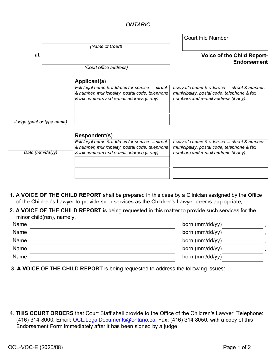 Form OCL-VOC-E Voice of the Child Report - Endorsement - Ontario, Canada, Page 1