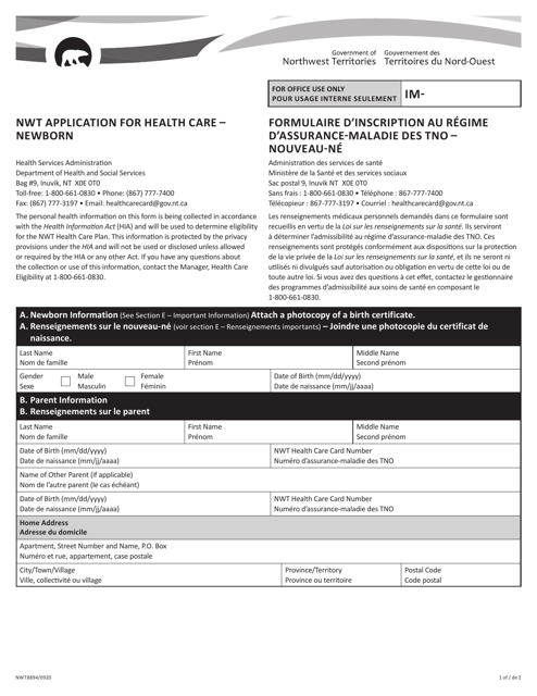 Form NWT8894 Nwt Application for Health Care - Newborn - Northwest Territories, Canada (English/French)