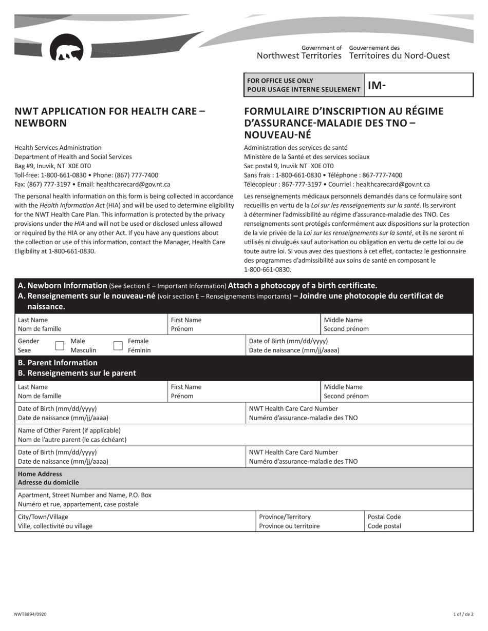Form NWT8894 Nwt Application for Health Care - Newborn - Northwest Territories, Canada (English / French), Page 1