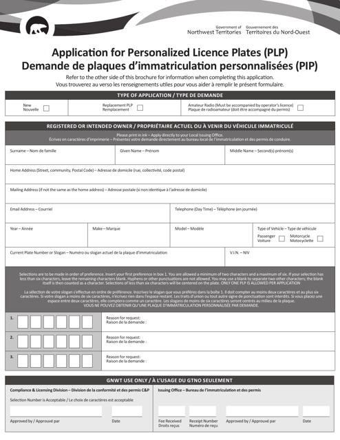 Application for Personalized Licence Plates (Plp) - Northwest Territories, Canada (English / French) Download Pdf