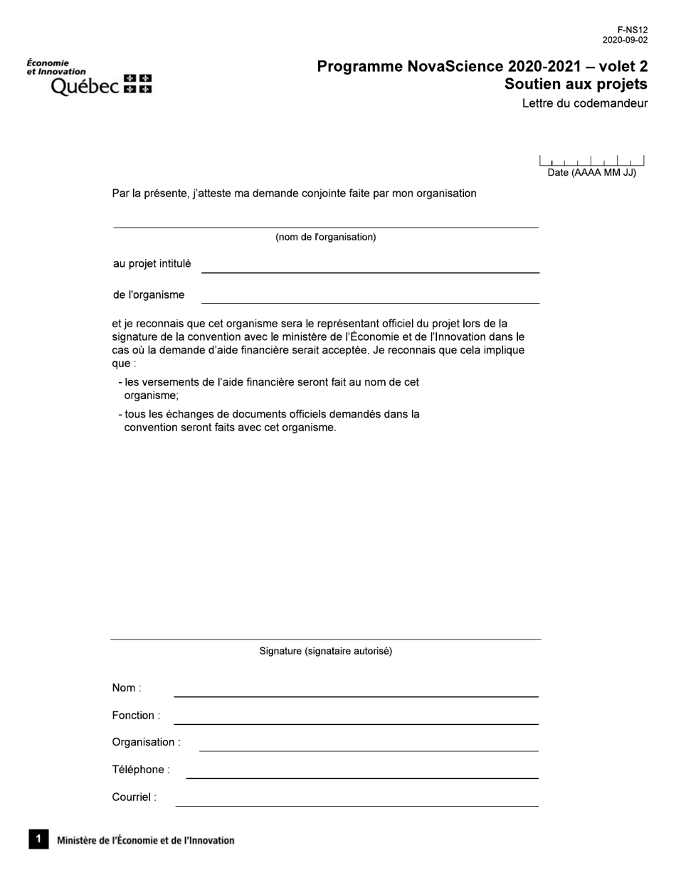 Forme F-NS12 Volet 2 Programme Novascience - Soutien Aux Projets Lettre Du Codemandeur - Quebec, Canada (French), Page 1