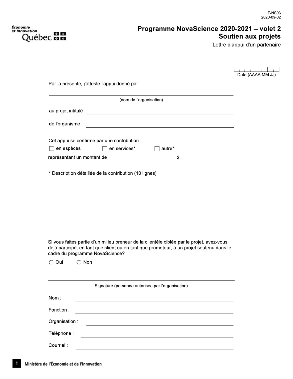 Forme F-NS03 Volet 2 Programme Novascience - Soutien Aux Projets Lettre Dappui Dun Partenaire - Quebec, Canada (French), Page 1