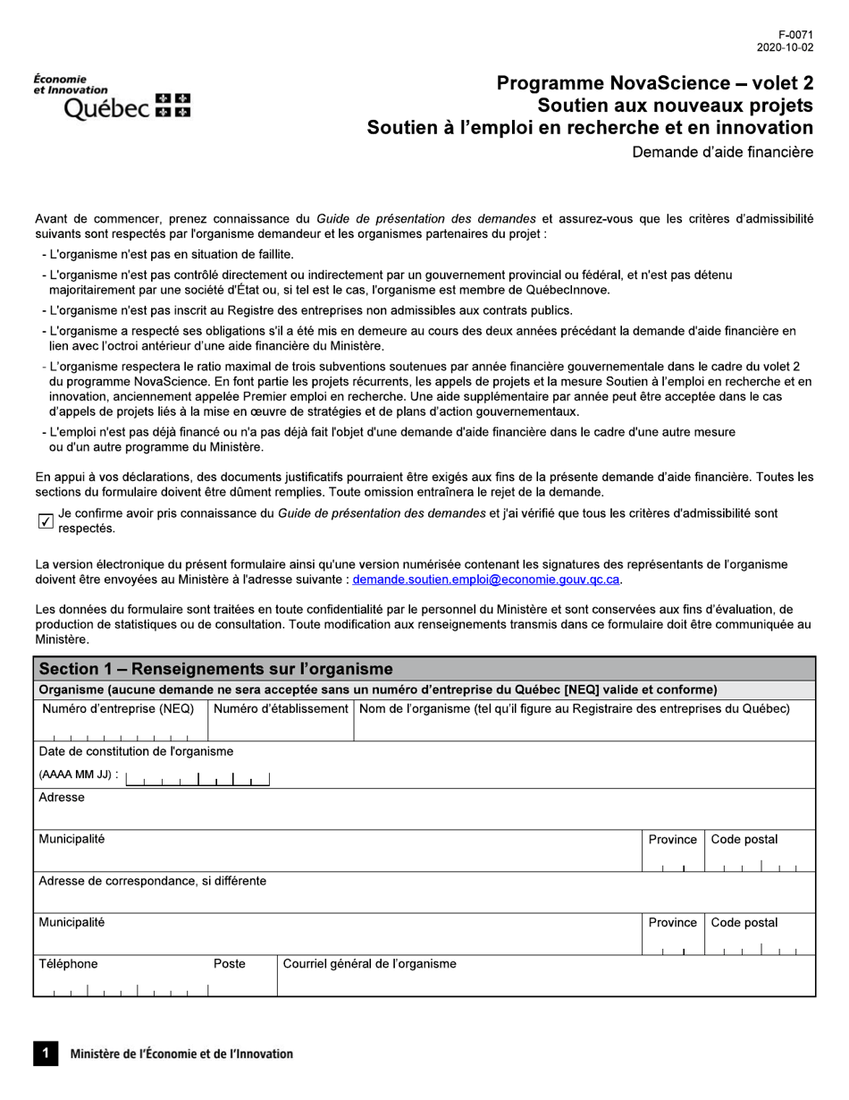 Forme F-0071 Volet 2 Programme Novascience - Soutien Aux Nouveaux Projets Soutien a Lemploi En Recherche Et En Innovation Demande Daide Financiere - Quebec, Canada (French), Page 1