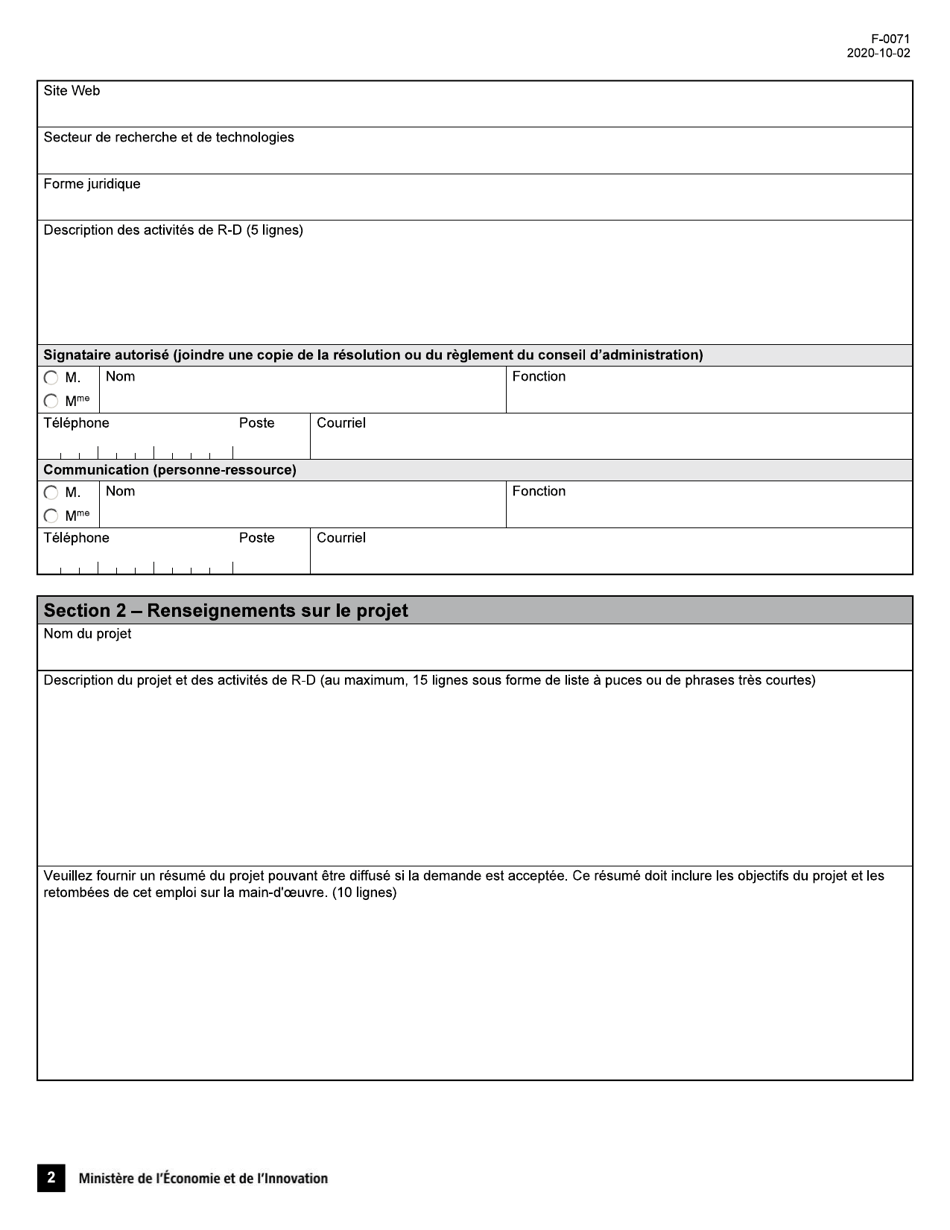 Forme F-0071 Volet 2 Programme Novascience - Soutien Aux Nouveaux Projets Soutien a Lemploi En Recherche Et En Innovation Demande Daide Financiere - Quebec, Canada (French), Page 2