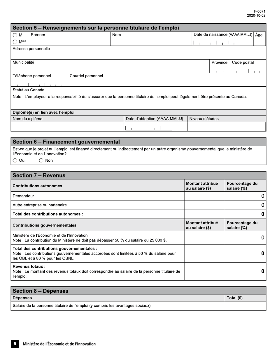 Forme F-0071 Volet 2 Programme Novascience - Soutien Aux Nouveaux Projets Soutien a Lemploi En Recherche Et En Innovation Demande Daide Financiere - Quebec, Canada (French), Page 5