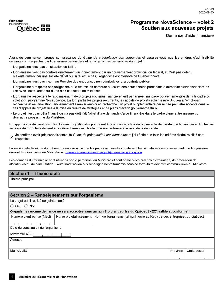 Forme F-NS09 Volet 2 Programme Novascience - Sutien Aux Nouveaux Projets Demande Daide Financiere - Quebec, Canada (French), Page 1