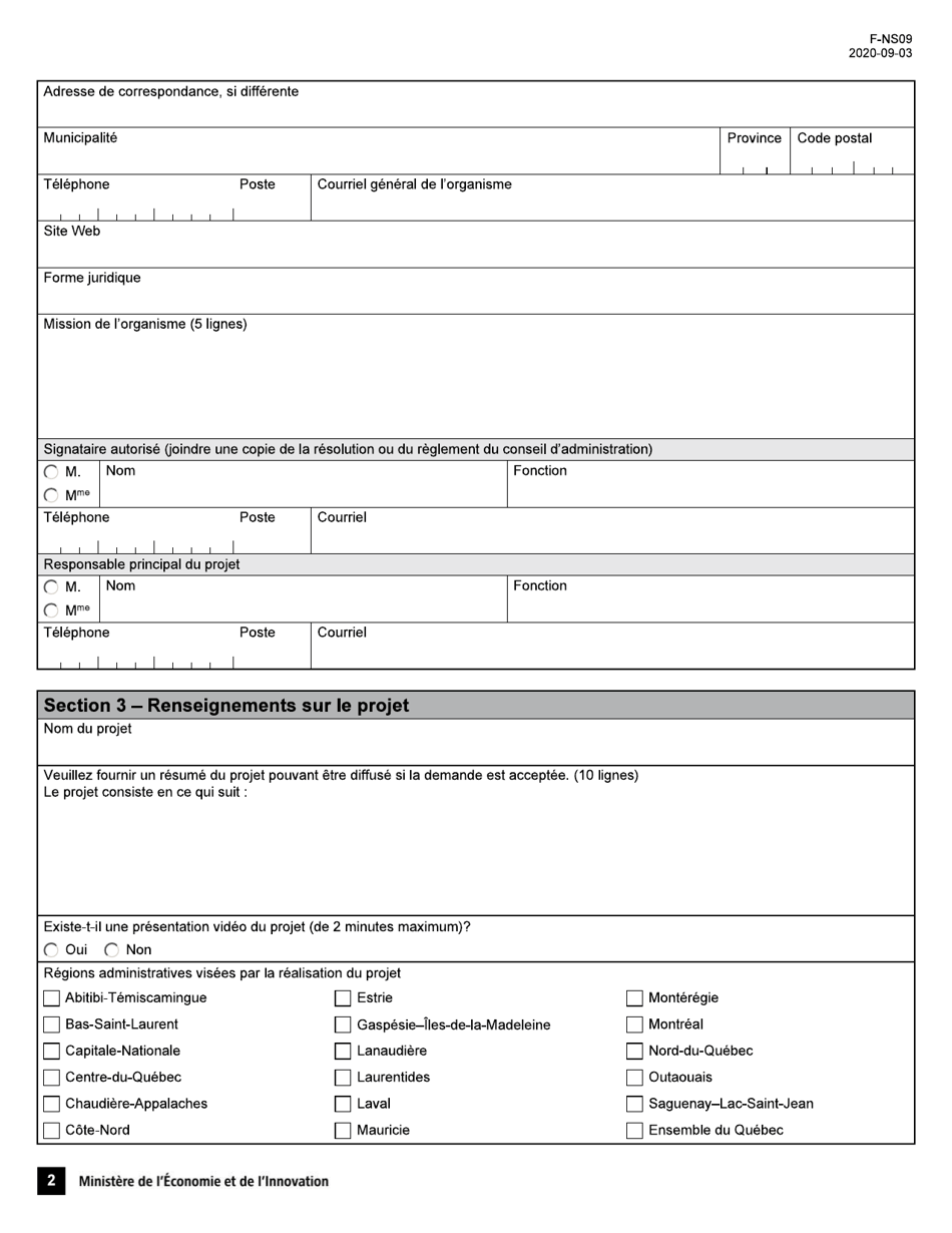 Forme F-NS09 Volet 2 Programme Novascience - Sutien Aux Nouveaux Projets Demande Daide Financiere - Quebec, Canada (French), Page 2