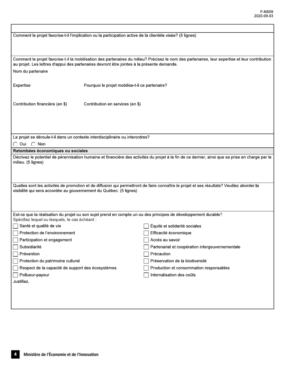 Forme F-NS09 Volet 2 Programme Novascience - Sutien Aux Nouveaux Projets Demande Daide Financiere - Quebec, Canada (French), Page 4