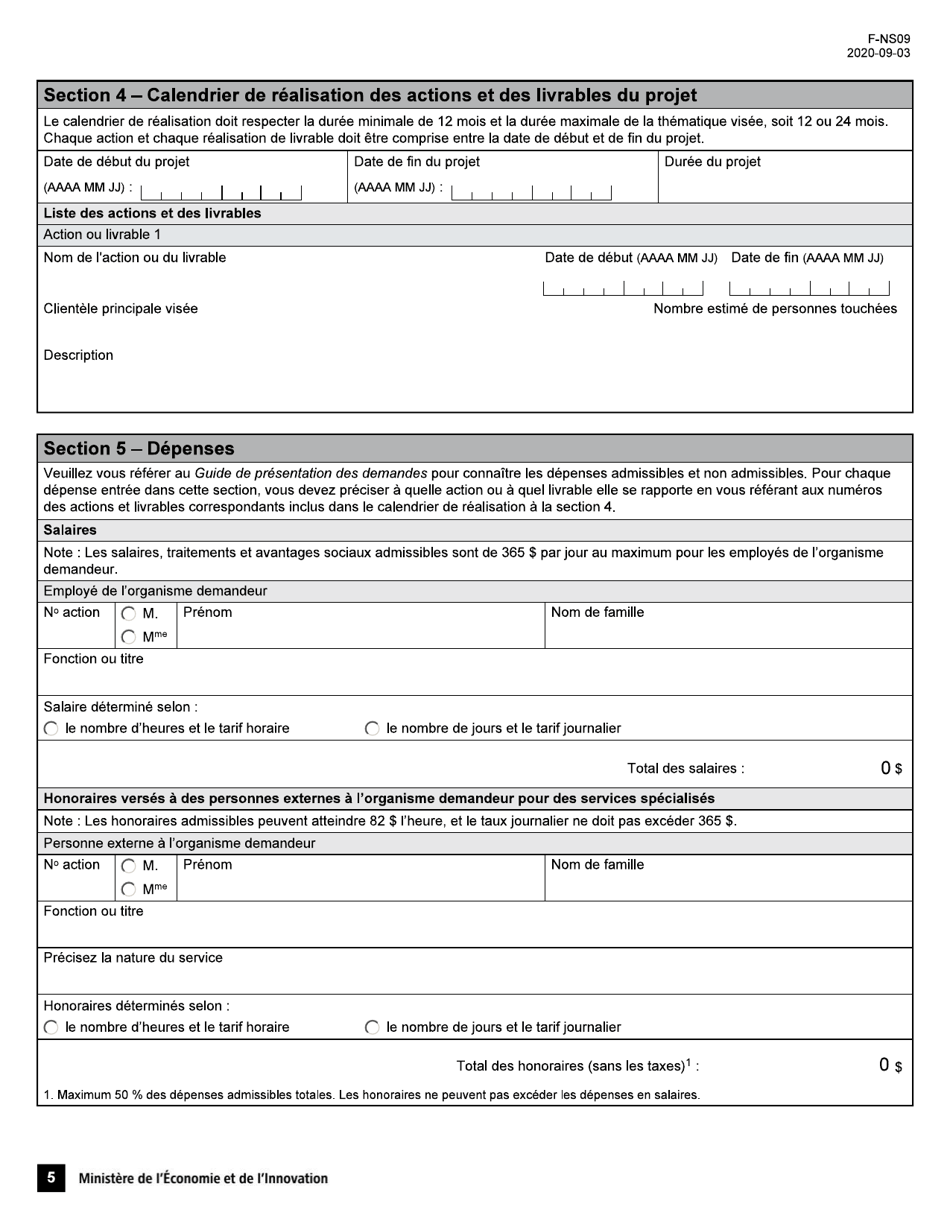 Forme F-NS09 Volet 2 Programme Novascience - Sutien Aux Nouveaux Projets Demande Daide Financiere - Quebec, Canada (French), Page 5