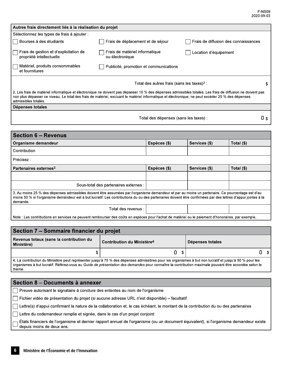 Forme F-NS09 Volet 2 Programme Novascience - Sutien Aux Nouveaux Projets Demande Daide Financiere - Quebec, Canada (French), Page 6