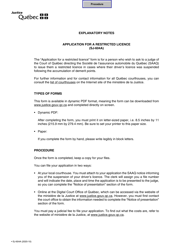 Form SJ-604A Application for a Restricted Licence - Quebec, Canada