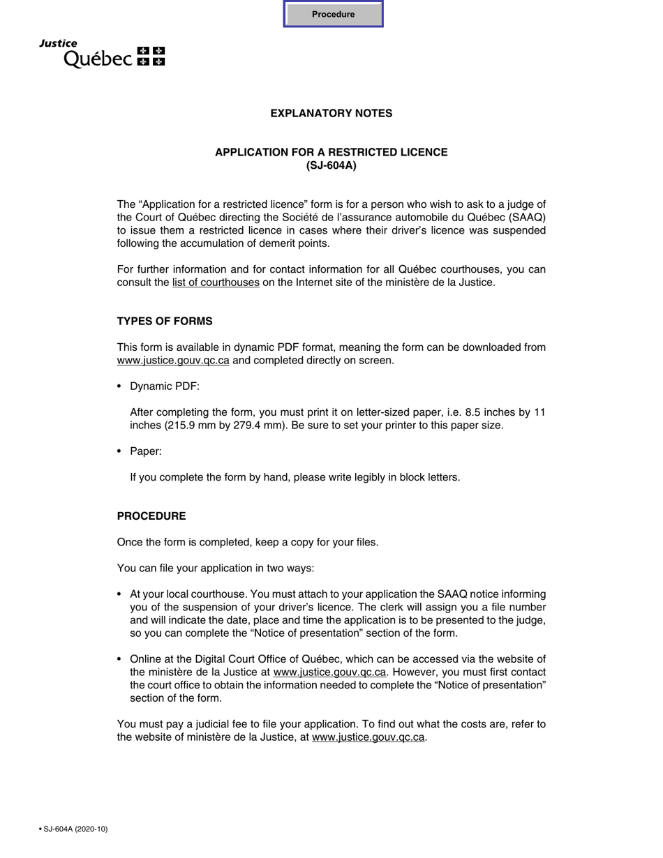 Form SJ-604A Application for a Restricted Licence - Quebec, Canada, Page 1