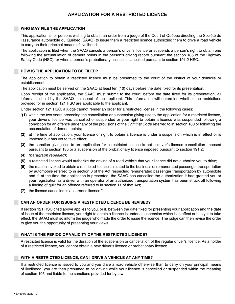 Form SJ-604A Application for a Restricted Licence - Quebec, Canada, Page 2