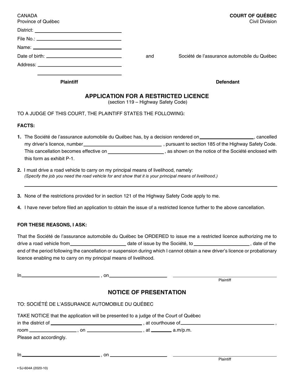 Form SJ-604A Application for a Restricted Licence - Quebec, Canada, Page 4
