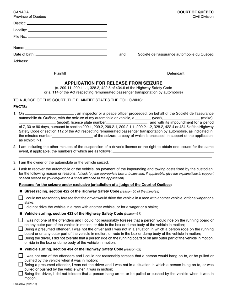 Form SJ-797A Application for Release From Seizure - Quebec, Canada, Page 3